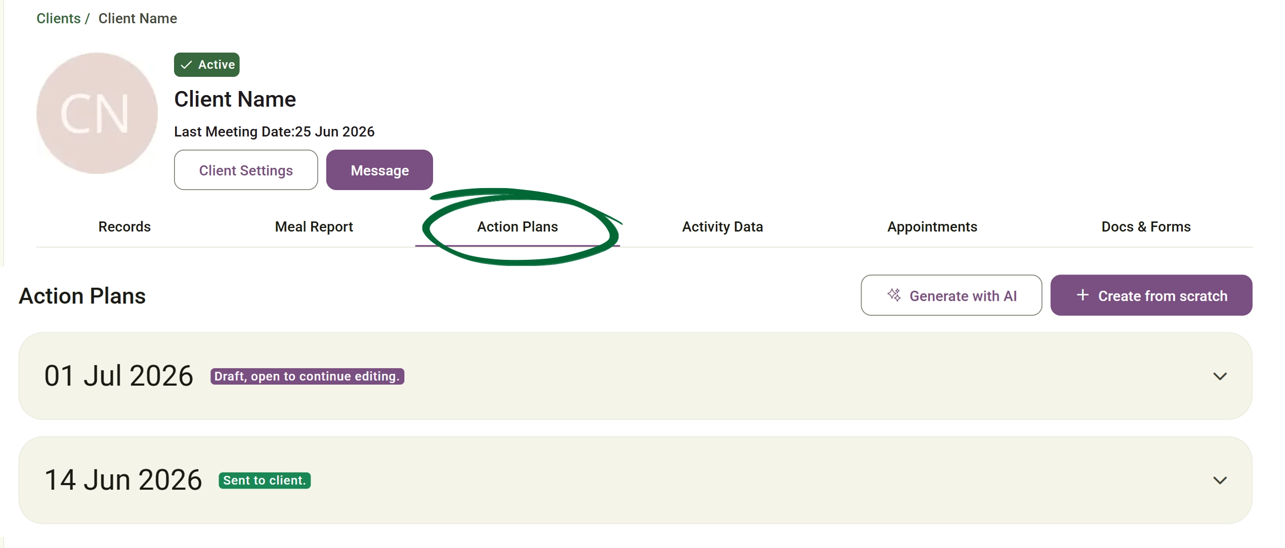 Client Action Plans Screenshot